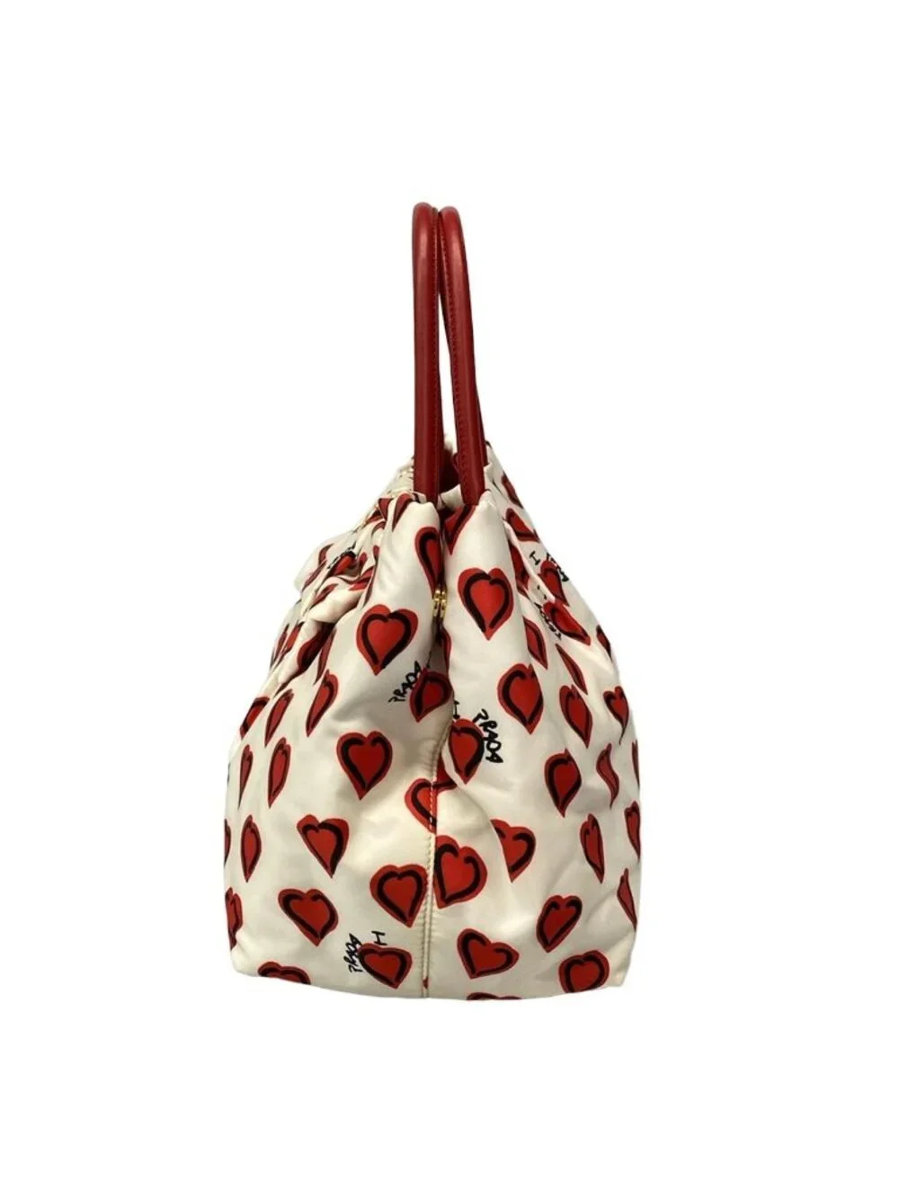 Prada Tote Ivory Red Black Heart Pattern Ribbon Leather - Picture 4 of 15